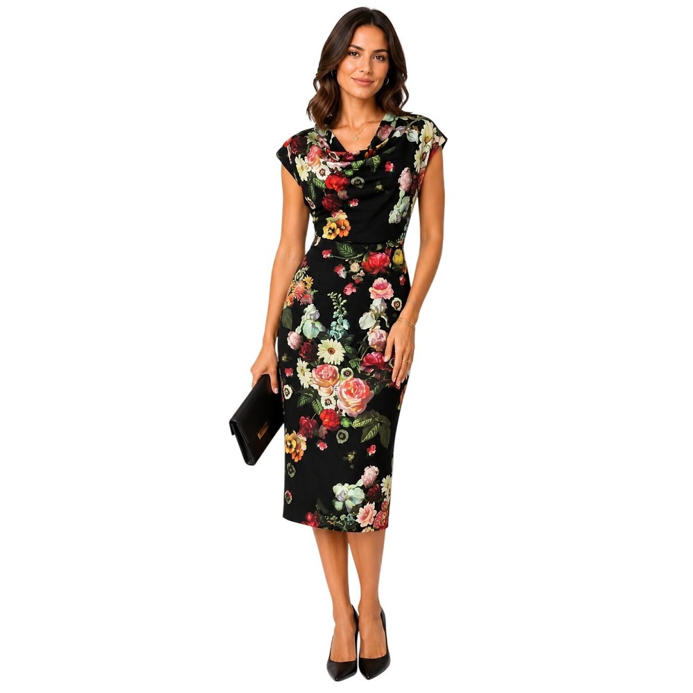 Ted Baker London Floral Cowl Neck Cap Sleeve Cocktail Party Midi Dress Size 4 -6